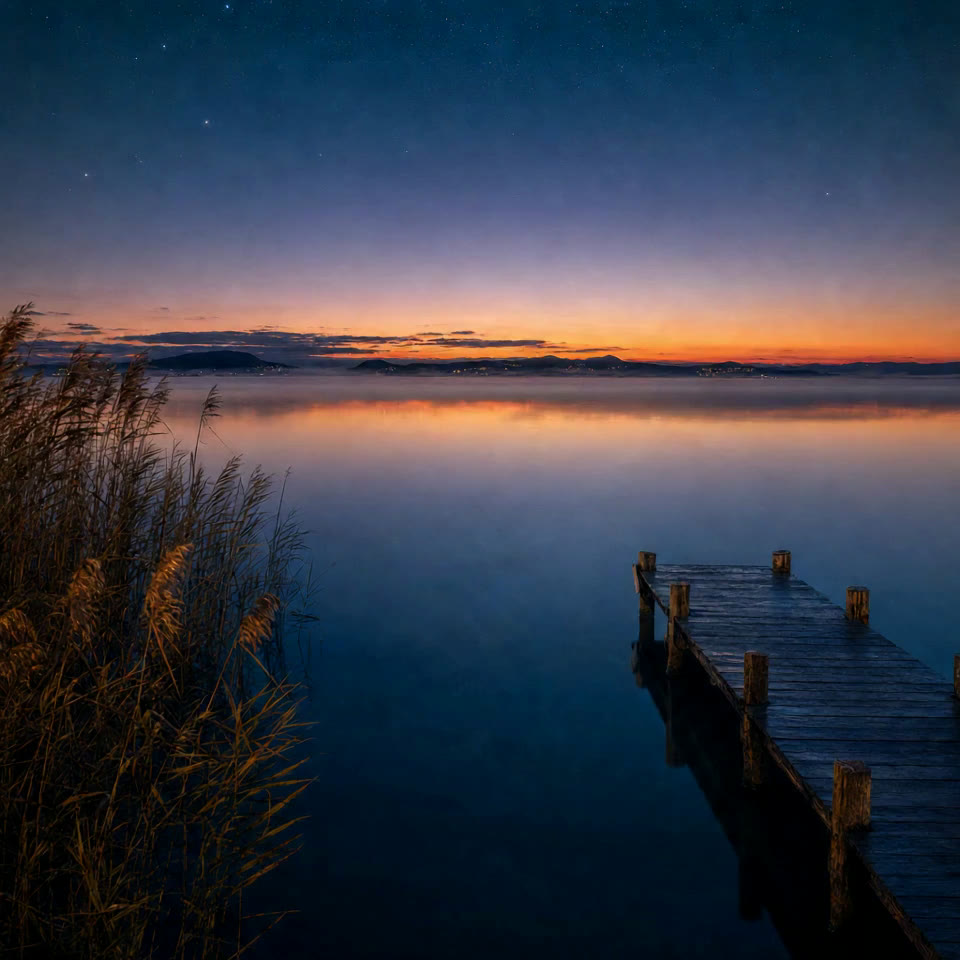 Esti Balaton-part nádassal és stéggel, a tó közepén csendes víz